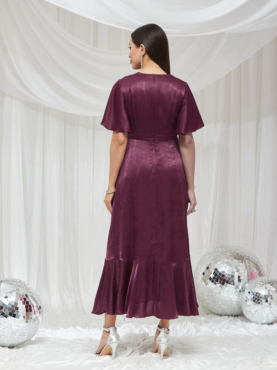 Wine V-Neck Flared Solid Overlap/Tie-Up Midi Satin Dress for Women