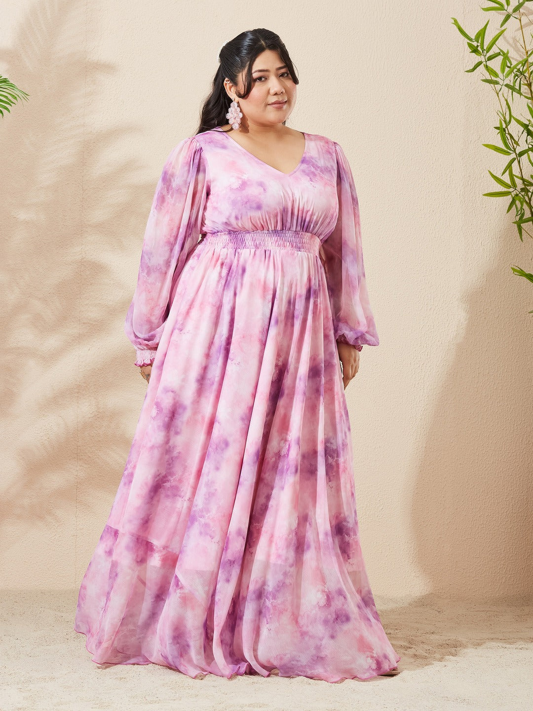Pink & Lavender Floral V-Neck Bishop Sleeve Smocked Chiffon Maxi Dress for Women