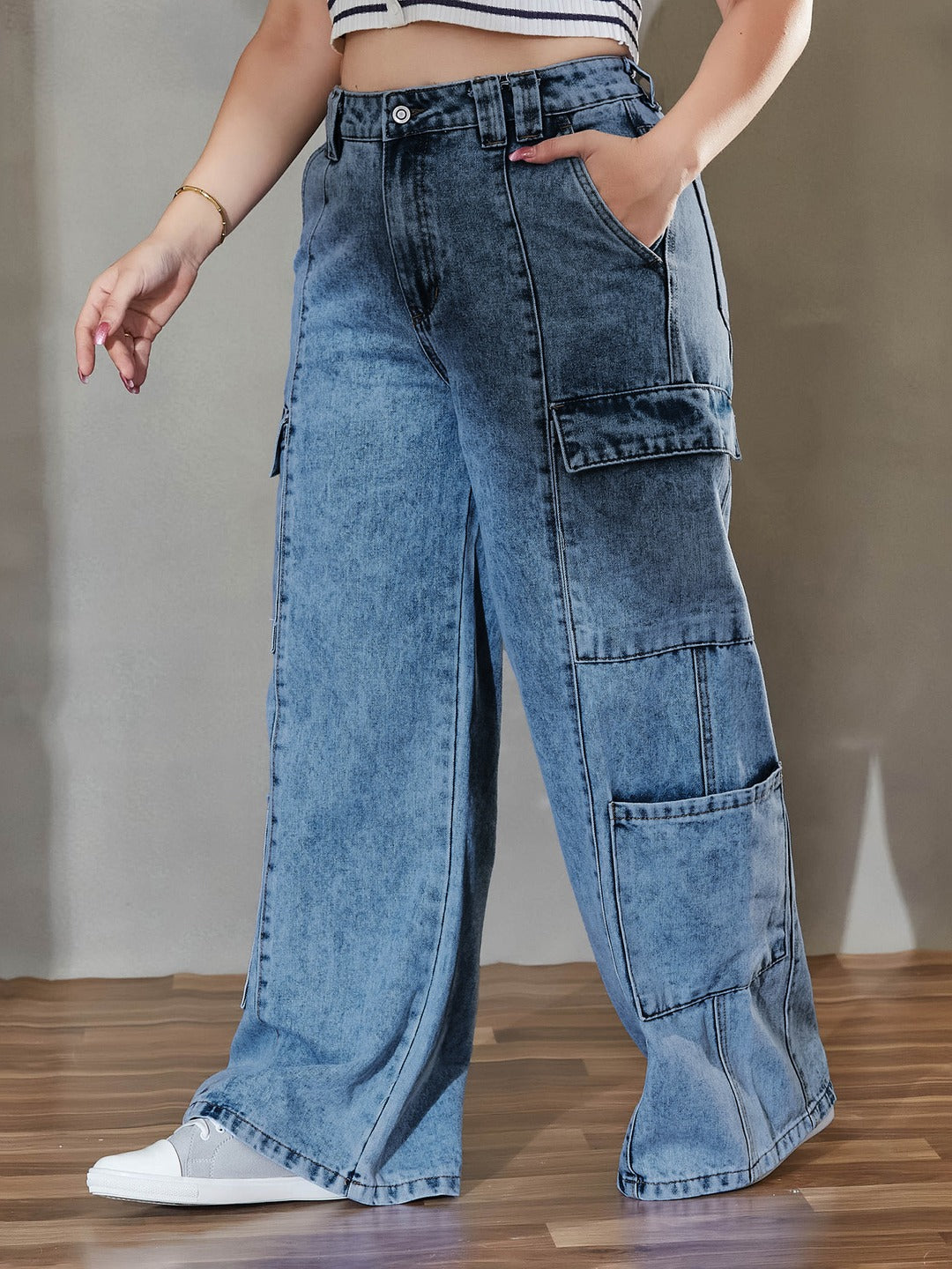 Black High Rise Stretchable Wide Leg Denim Jeans for Women
