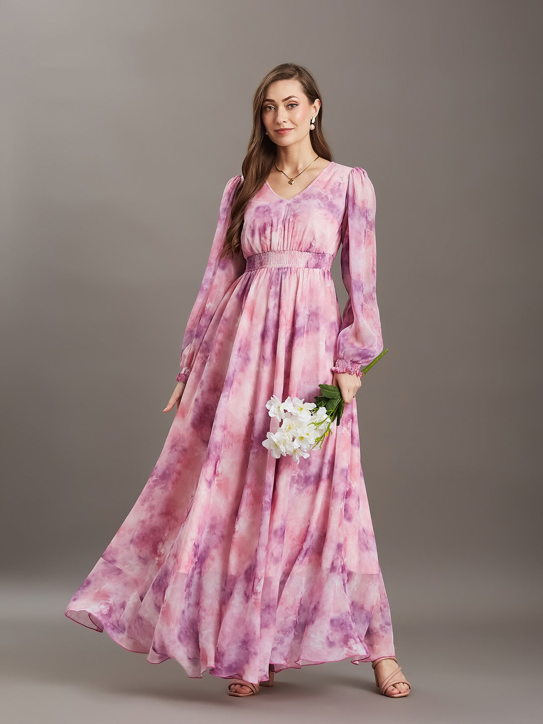 Pink & Lavender Floral V-Neck Bishop Sleeve Smocked Chiffon Maxi Dress for Women