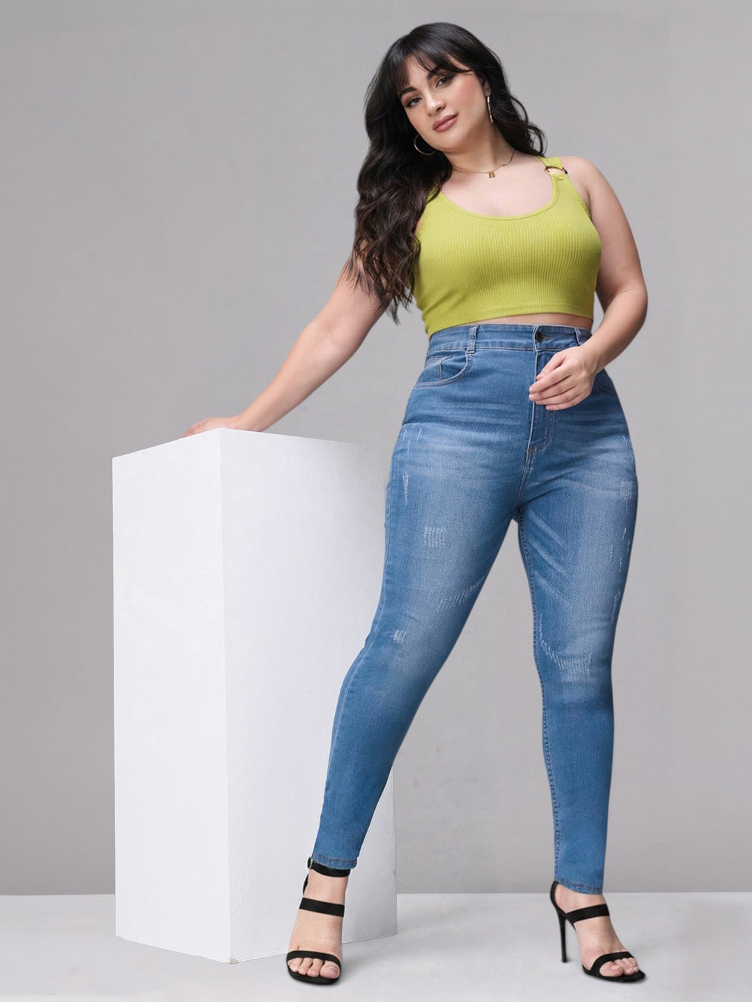 Blue Skinny High-Rise Mild Distress Regular Stretchable Denim Jeans for Women