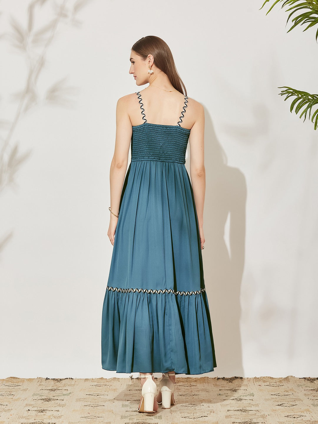 Azure Blue Square Neck Sleeveless Solid Tiered Maxi Crepe Dress for Women