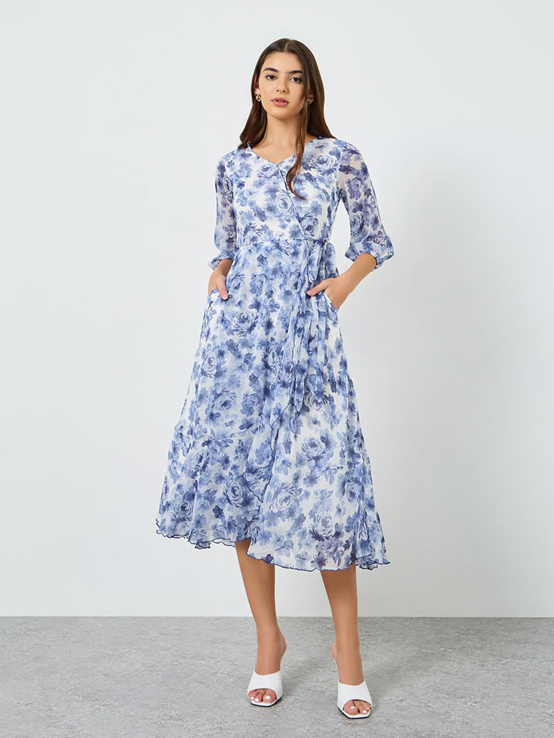 White V-Neck Three-Quarter Sleeve Floral Wrap Chiffon Midi Dress for Women