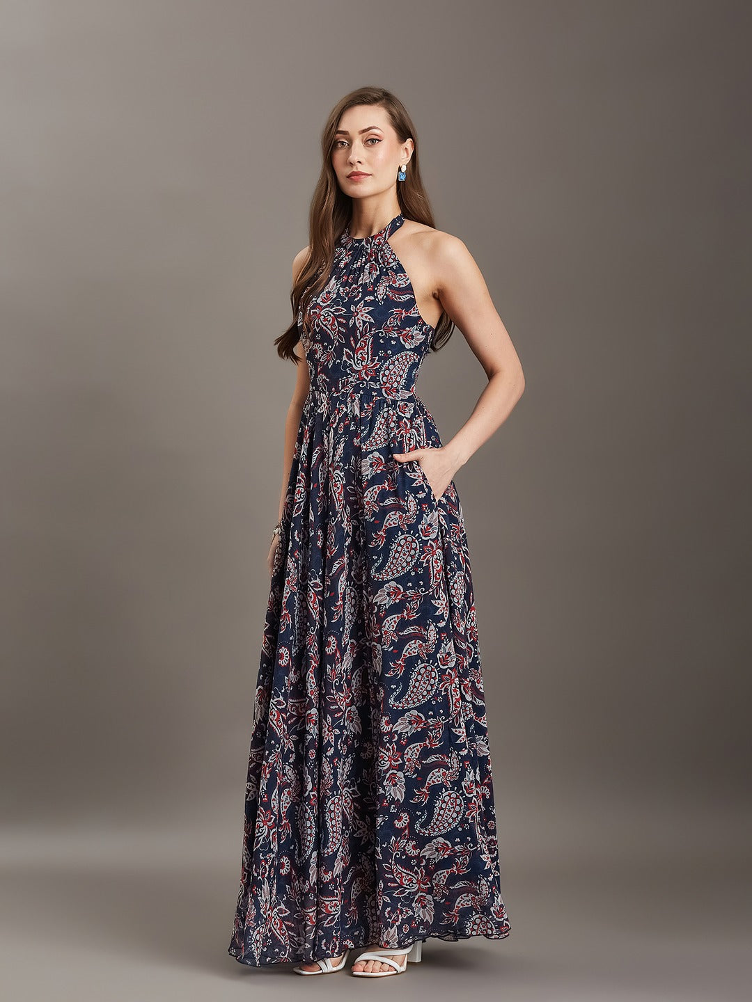 Navy Blue Tie-Up Sleeveless Abstract Fit & Flare Maxi Chiffon Dress for Women