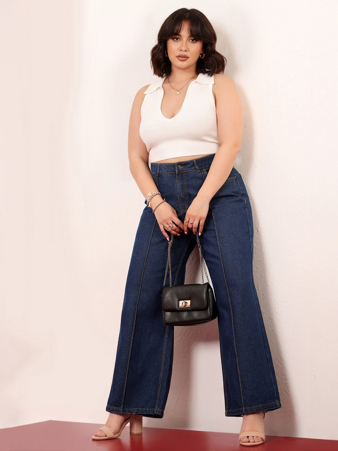 Navy Blue Wide-Leg High-Rise Non-stretchable Denim Jeans for Women