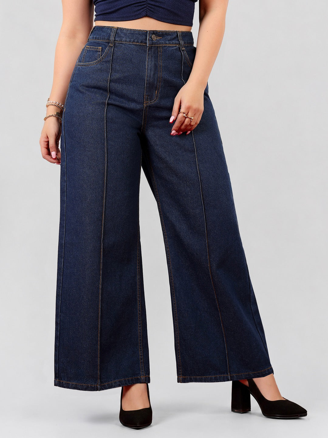 Navy Blue Wide-Leg High-Rise Non-stretchable Denim Jeans for Women