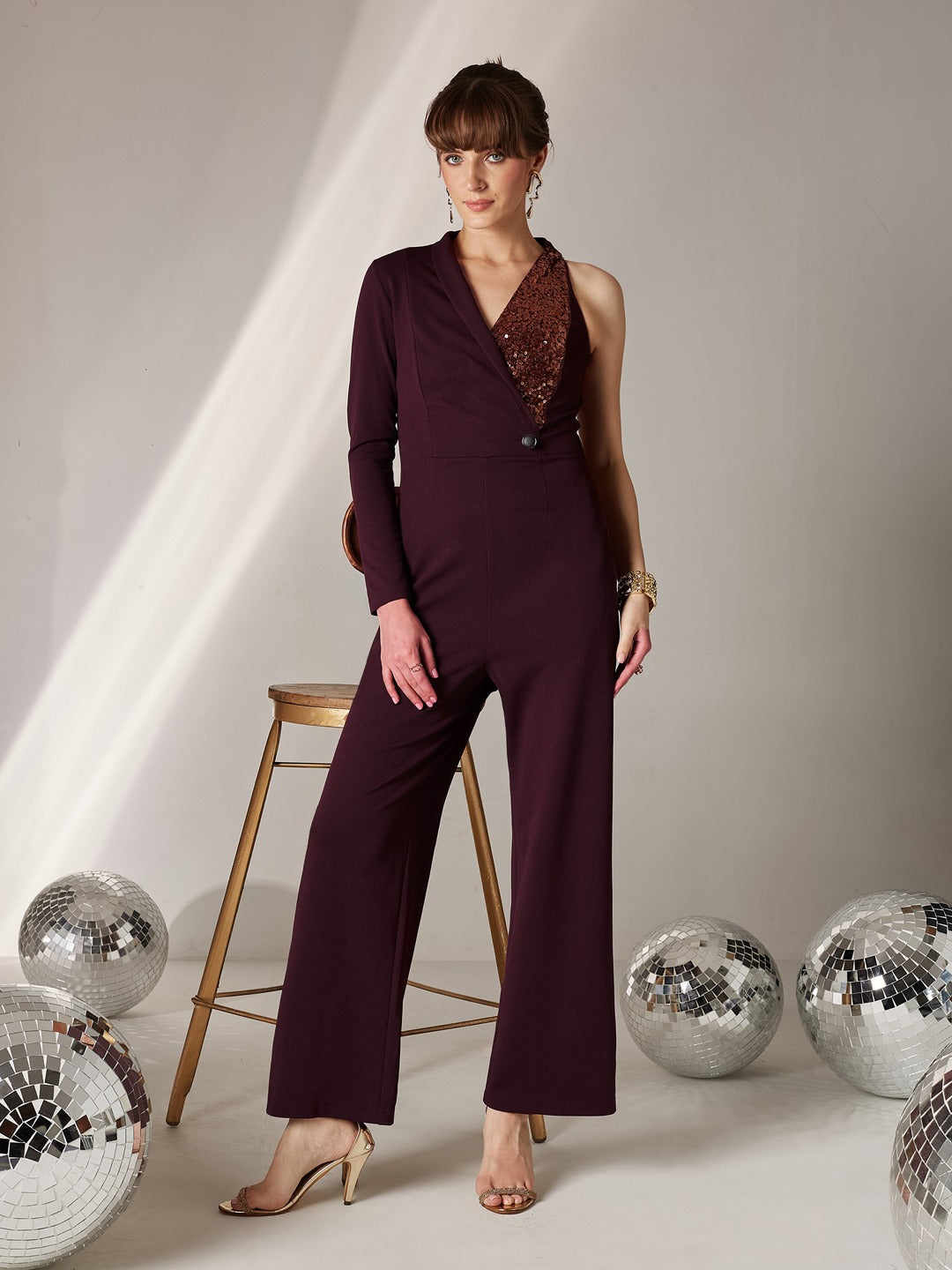 Wine Embellished Shawl Collar Asymmetric Polyester Blazer-Styled Slim Fit Regular Jumpsuit for Women