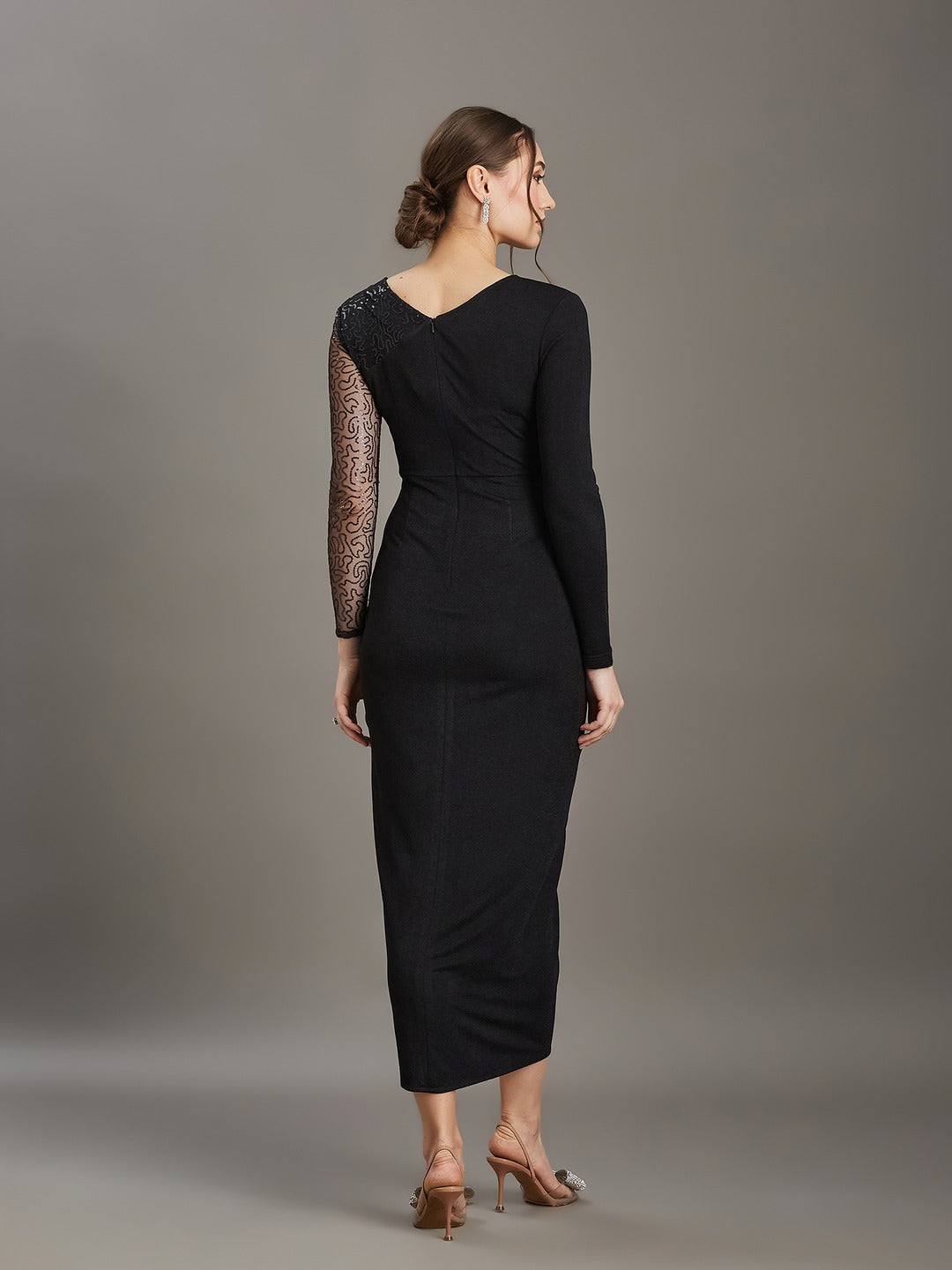 Black V-Neck Full Sleeve Embellished Pleated Longline Dress for Women