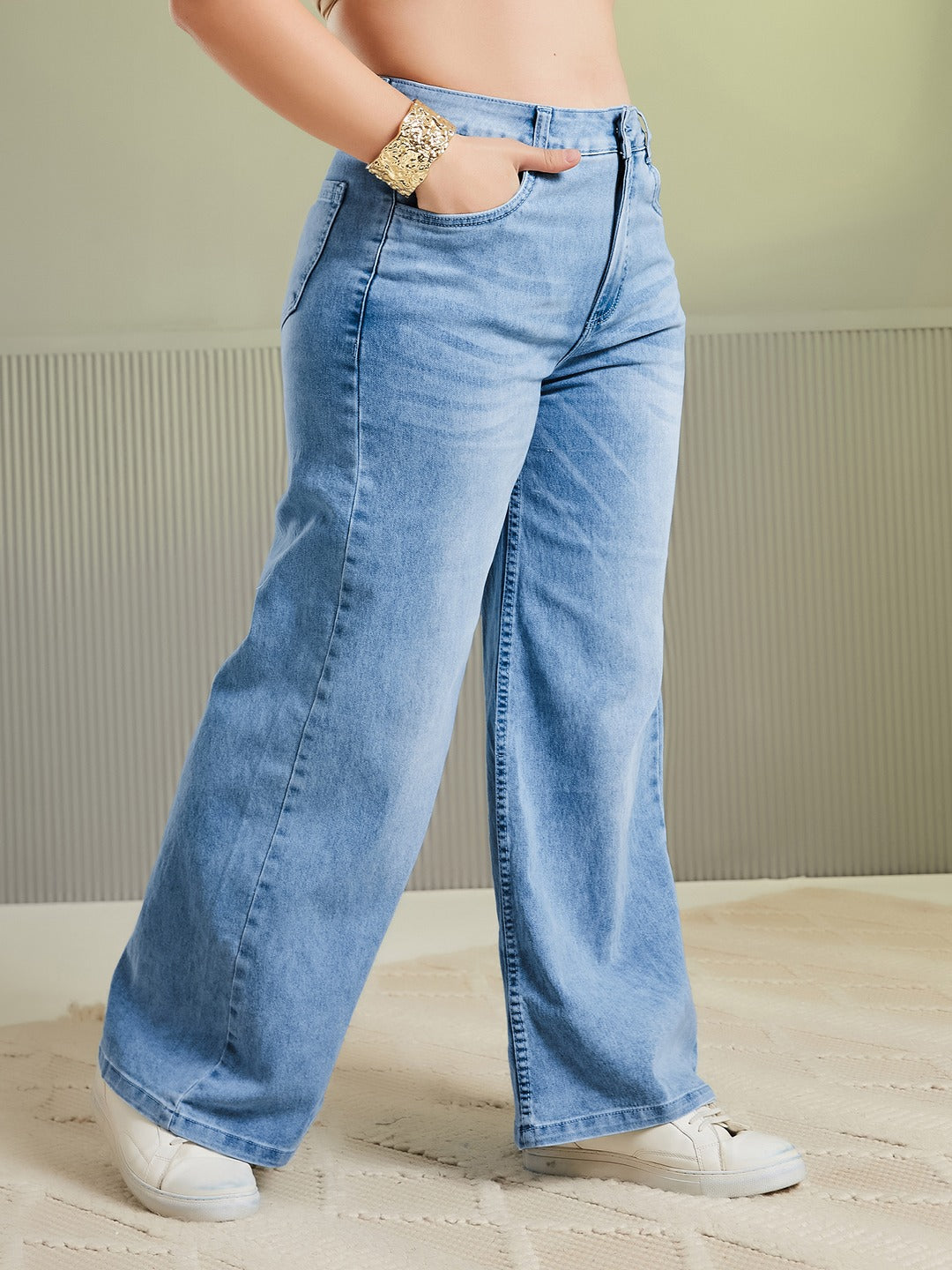 Light Blue Wide-Leg Mid Rise Blast Effect Denim Jeans for Women