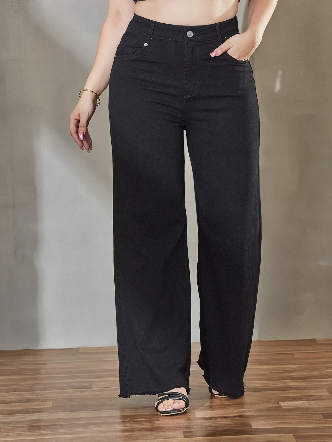 Black High Rise Stretchable Wide Leg Denim Jeans for Women