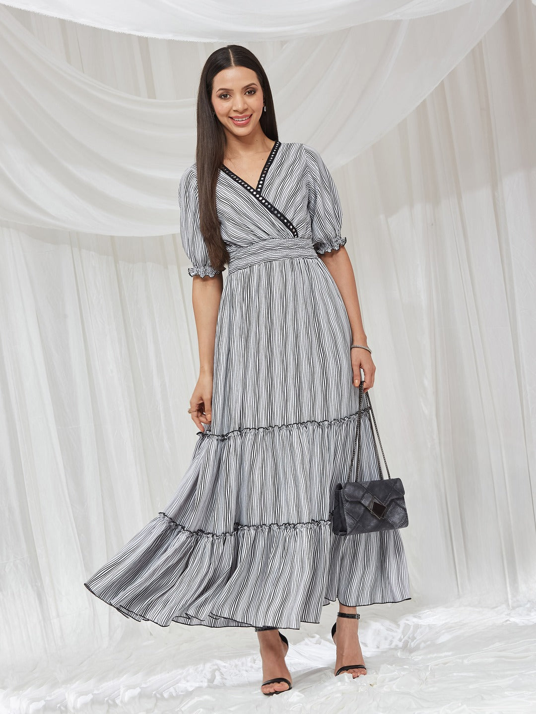 Black and White Overlapped Puff Sleeve Striped Wrap Crepe Maxi Dress for Women