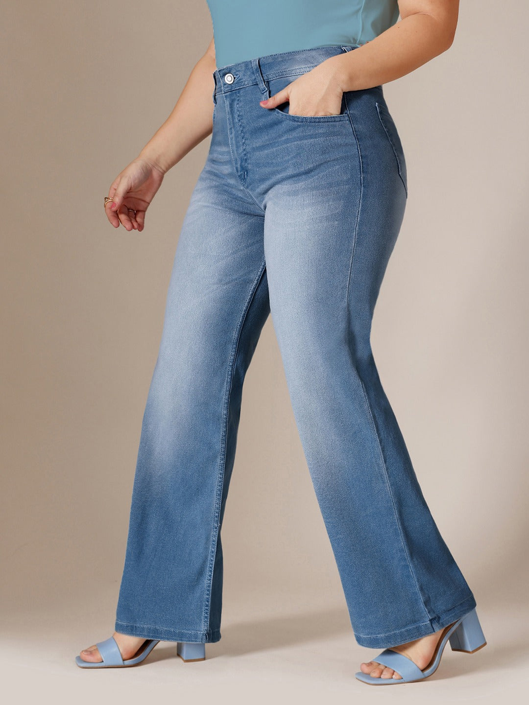 Light Blue Wide-Leg Mid Rise Blast Effect Denim Jeans for Women