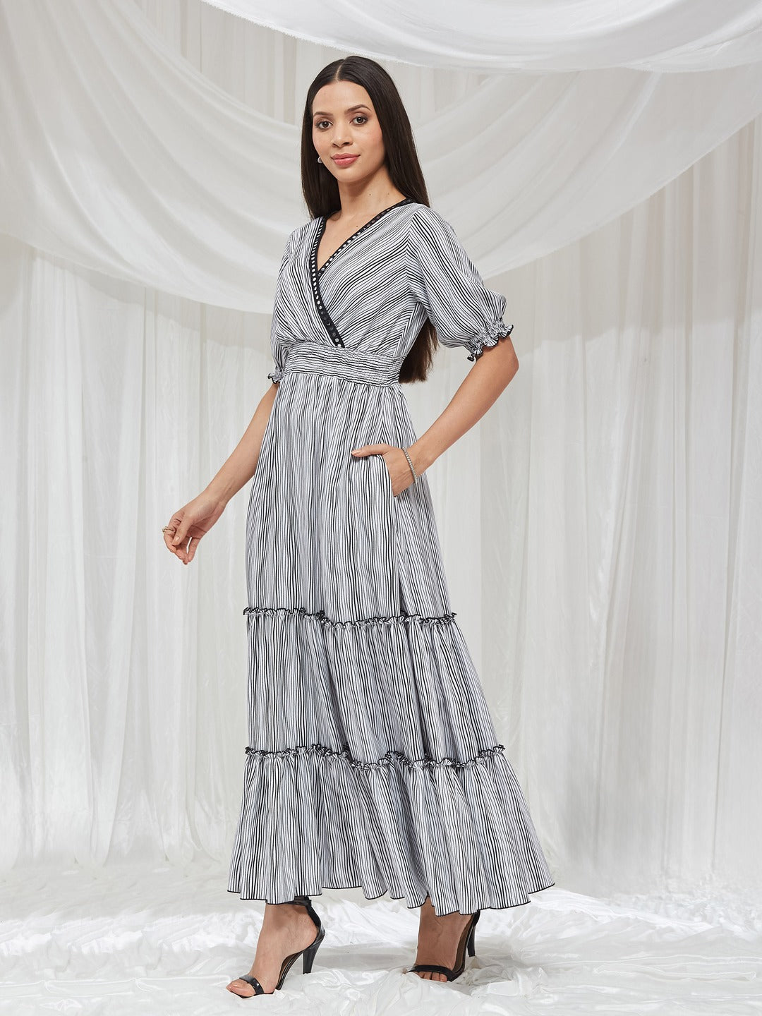 Black and White Overlapped Puff Sleeve Striped Wrap Crepe Maxi Dress for Women