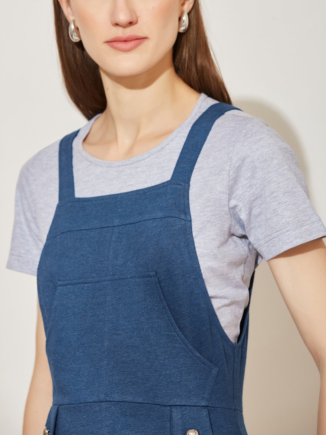 Airforce Blue Round Neck Half Sleeve Solid Pinafore Knee-Long Cotton Dress Co-Ord Set for Women