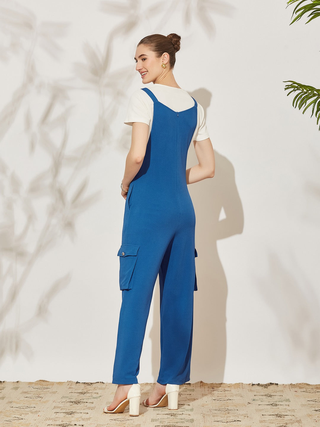 Azure Blue Round Neck Half Sleeve Solid Polyester Regular Fit Dungaree Co-Ord Set for Women