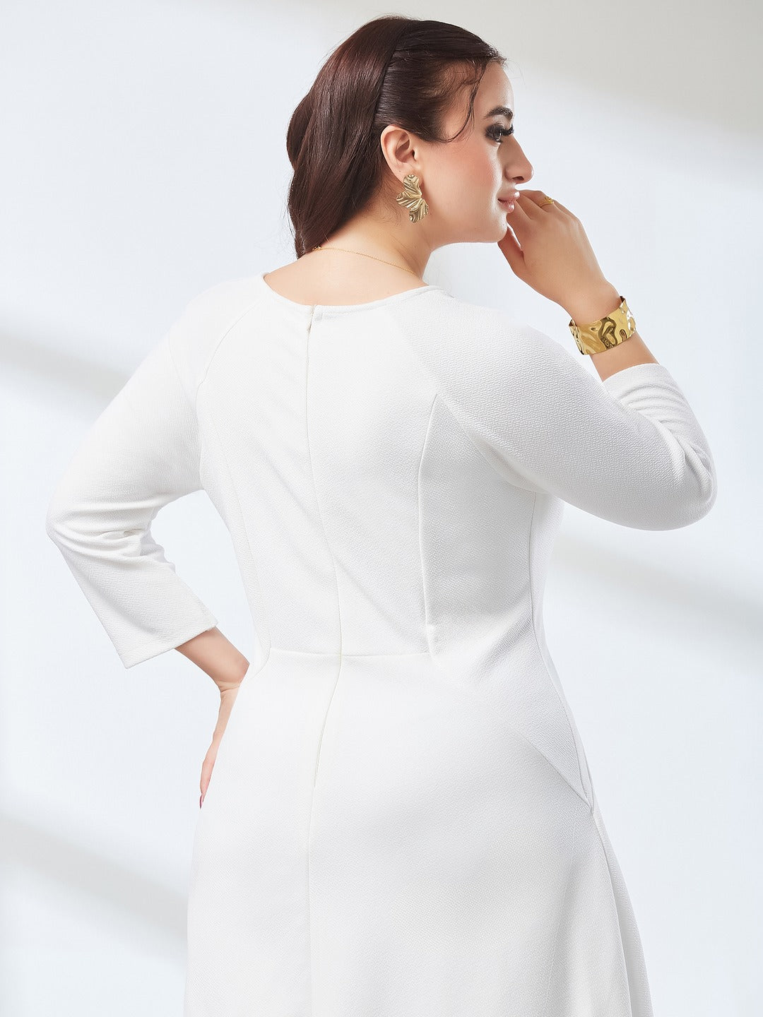Off White Solid Square Neck Raglan Sleeves Side Pocketed Polyester Fit and Flare Knee-Length Dress for Women