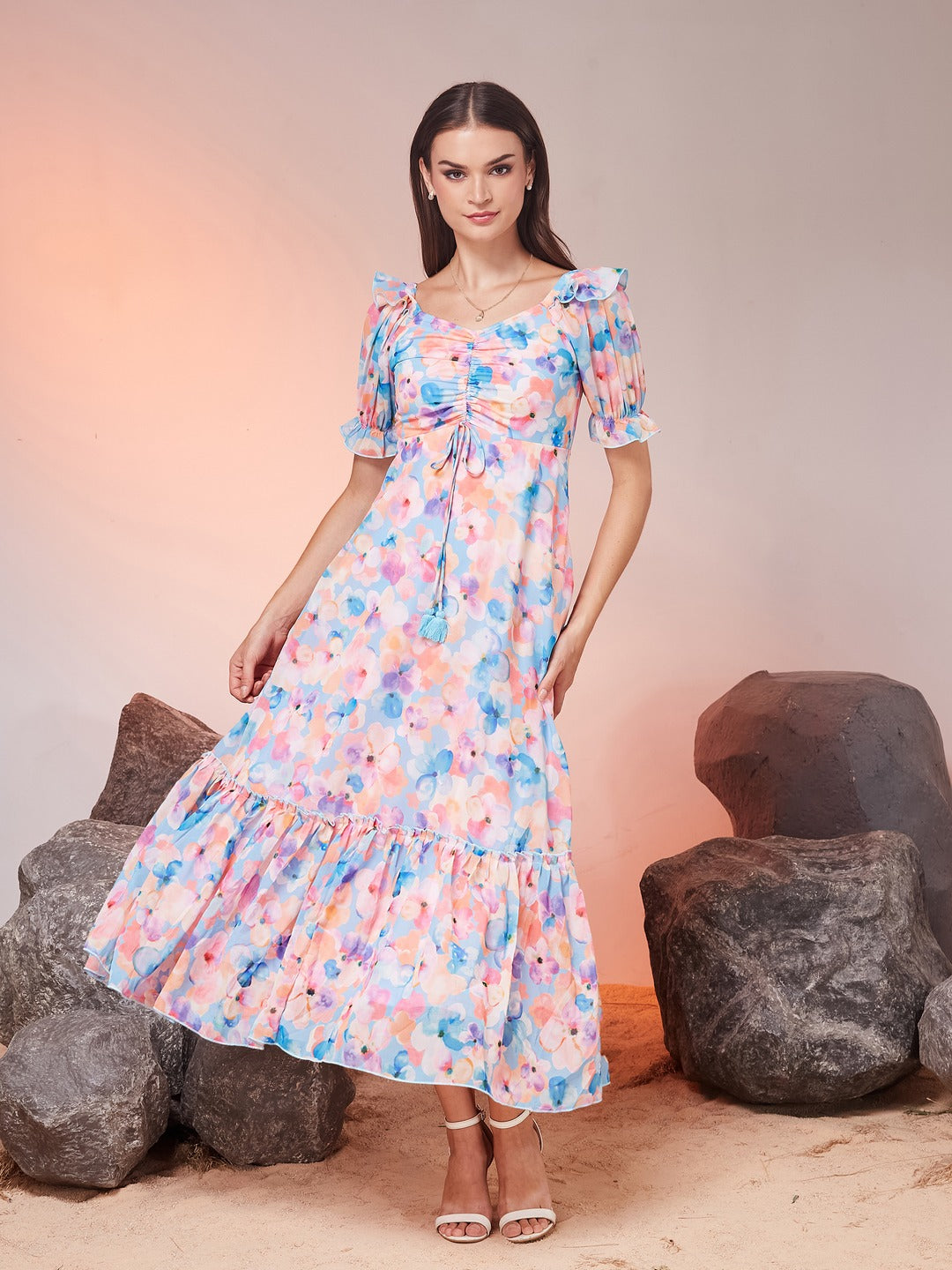 Sky Blue V-Neck Puff Sleeve Floral Ruching Ankle-Length Dress for Women