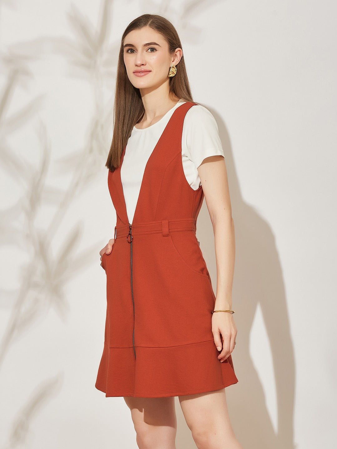 Rust Solid Polyester Pinafore Dress with Zipper Detail and Side Pockets for Women