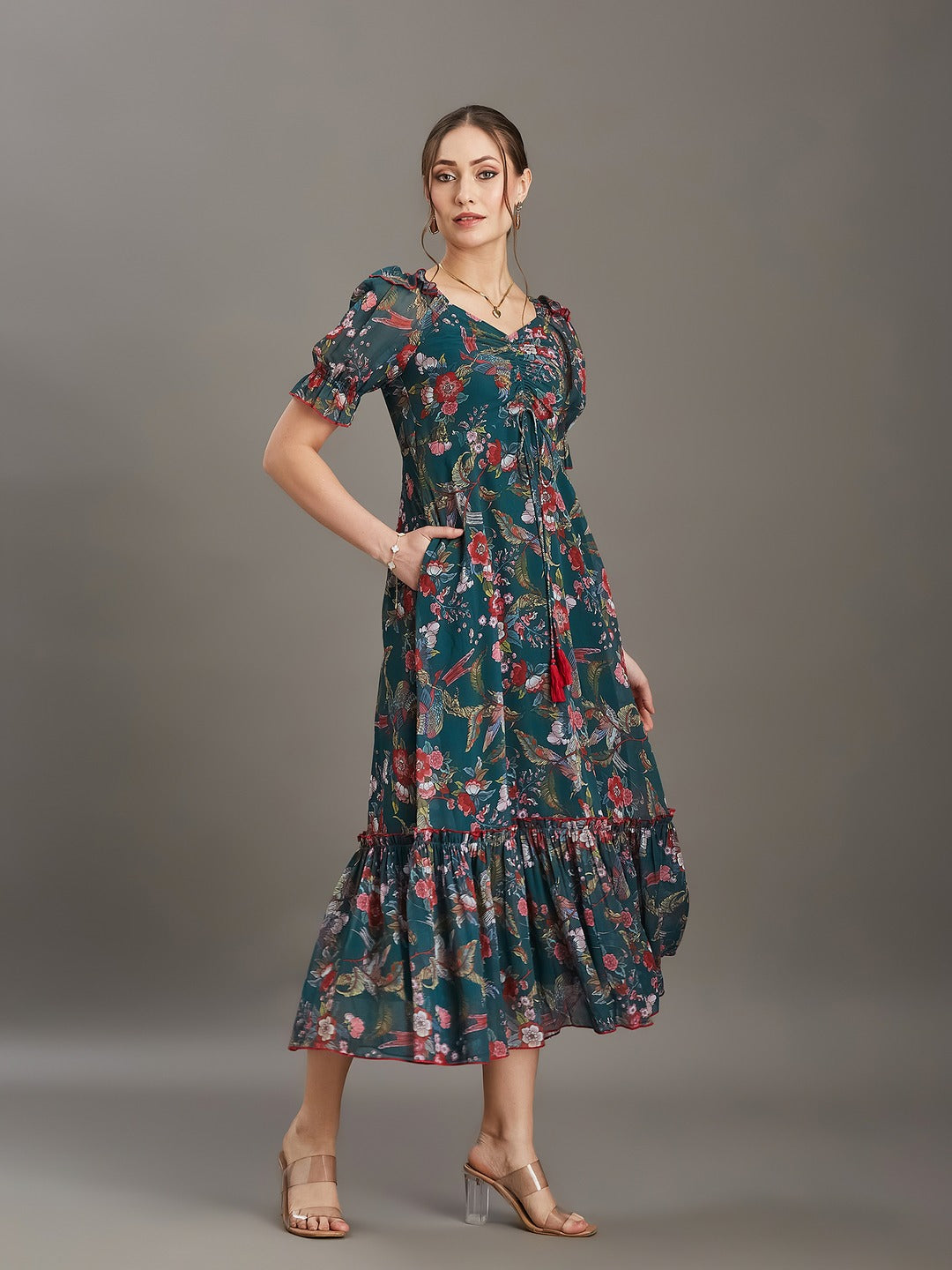 Bottle Green Sweetheart Neck Puff Sleeve Floral Ruching/Tiered Ankle-Length Georgette Dress for Women