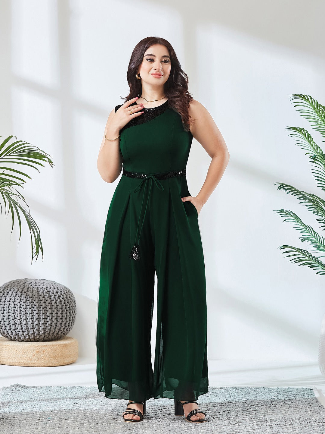 Green Solid Relaxed Fit Sleeveless Round Neck Ankle-Length Straight Jumpsuit for Women