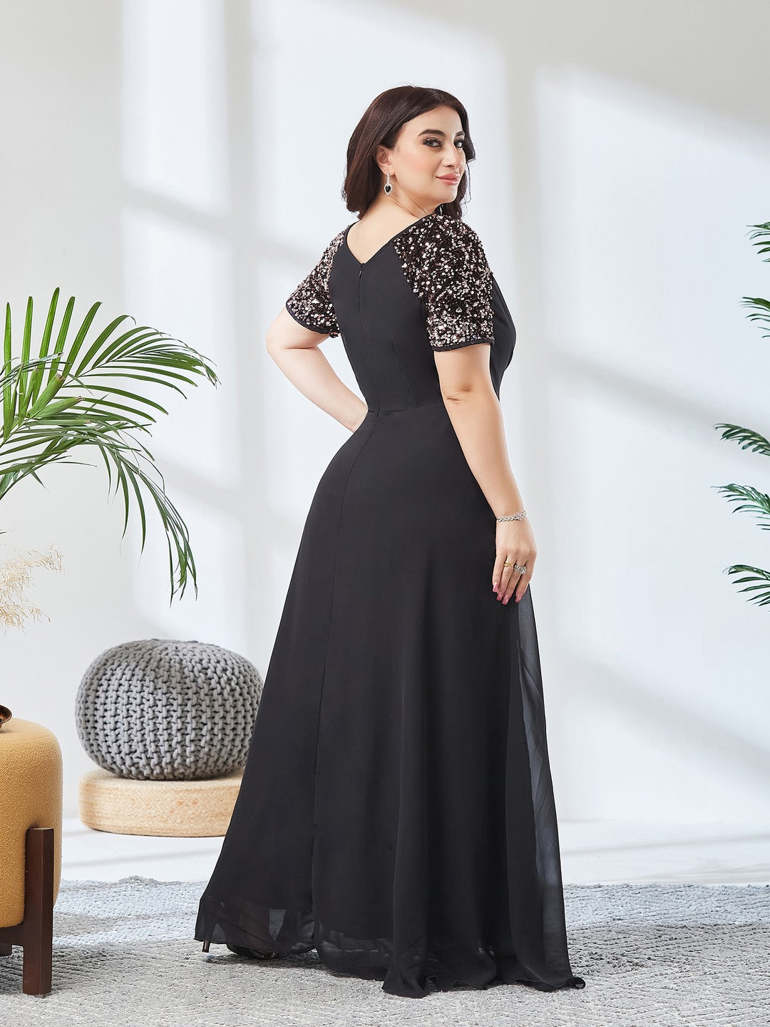 Black V-Neck Raglan Embellished Wrap & Tie-up Maxi Dress for Women