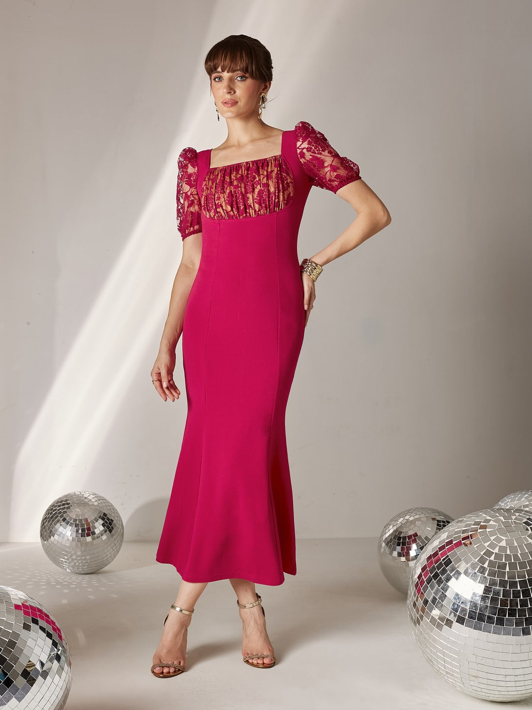 Dark Pink Square Puff Sleeve Solid Lace Overlaid Ankle Length Dress for Women