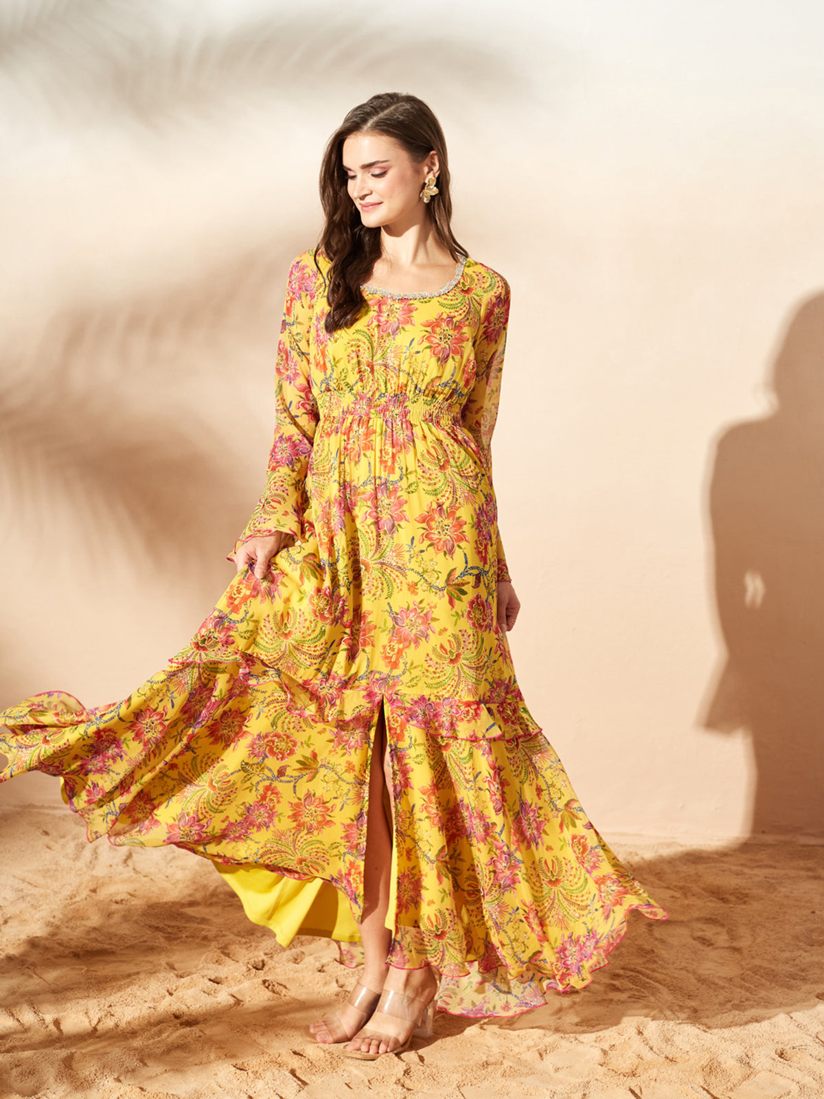 Mustard Sweetheart Flounce Floral Ruffled/ Front Slit Maxi Chiffon Ethnic Dress for Women