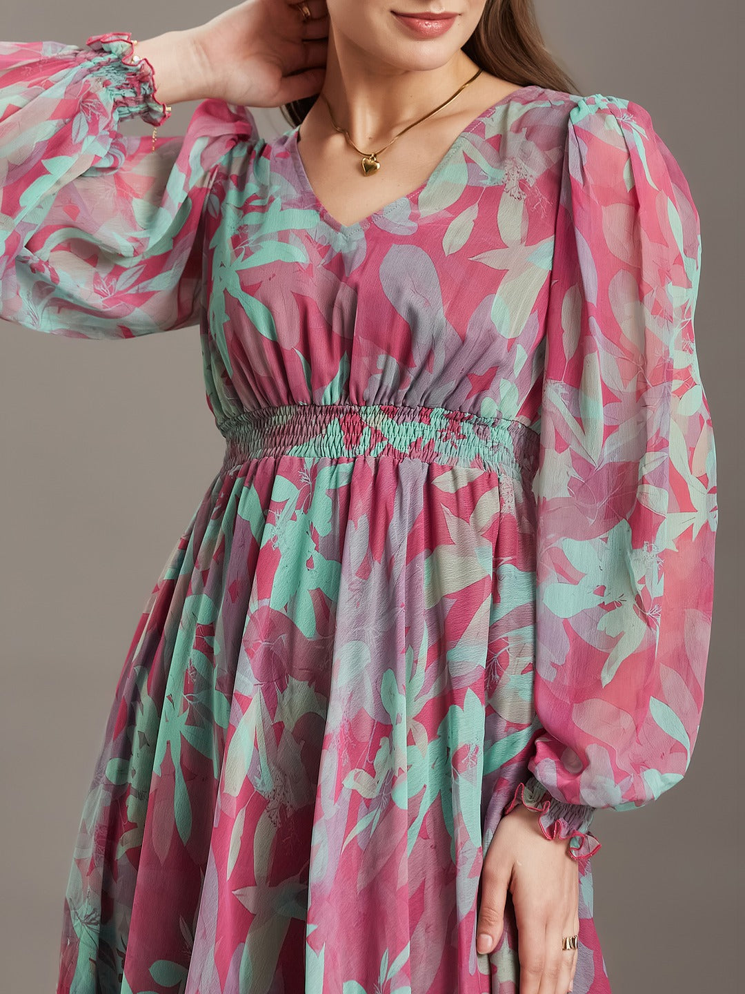 Pink & Mint Floral V-Neck Smocked Bishop Sleeve Maxi Chiffon Dress for Women