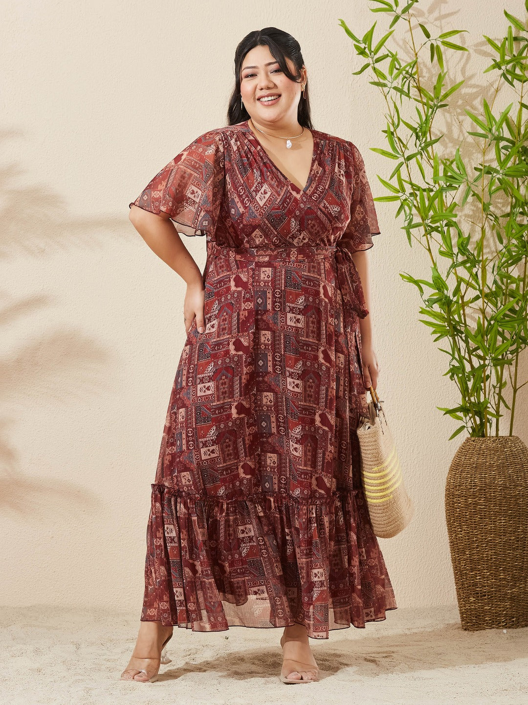 Brown Floral V-Neck Flared Sleeve Wrap Maxi Chiffon Dress for Women