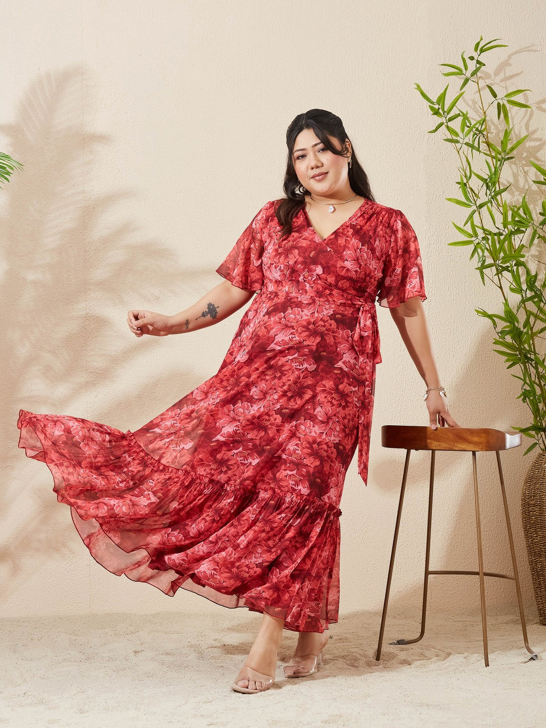 Red V-Neck Half Sleeve Floral Wrap Maxi Chiffon Dress for Women