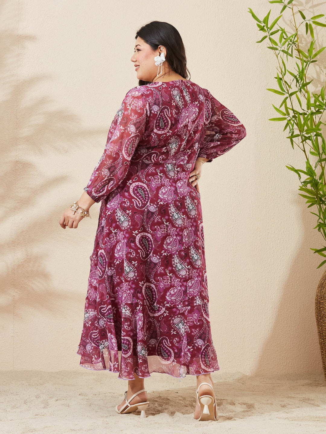 Wine Floral V-Neck 3/4 Sleeve Wrap Midi Chiffon Dress for Women