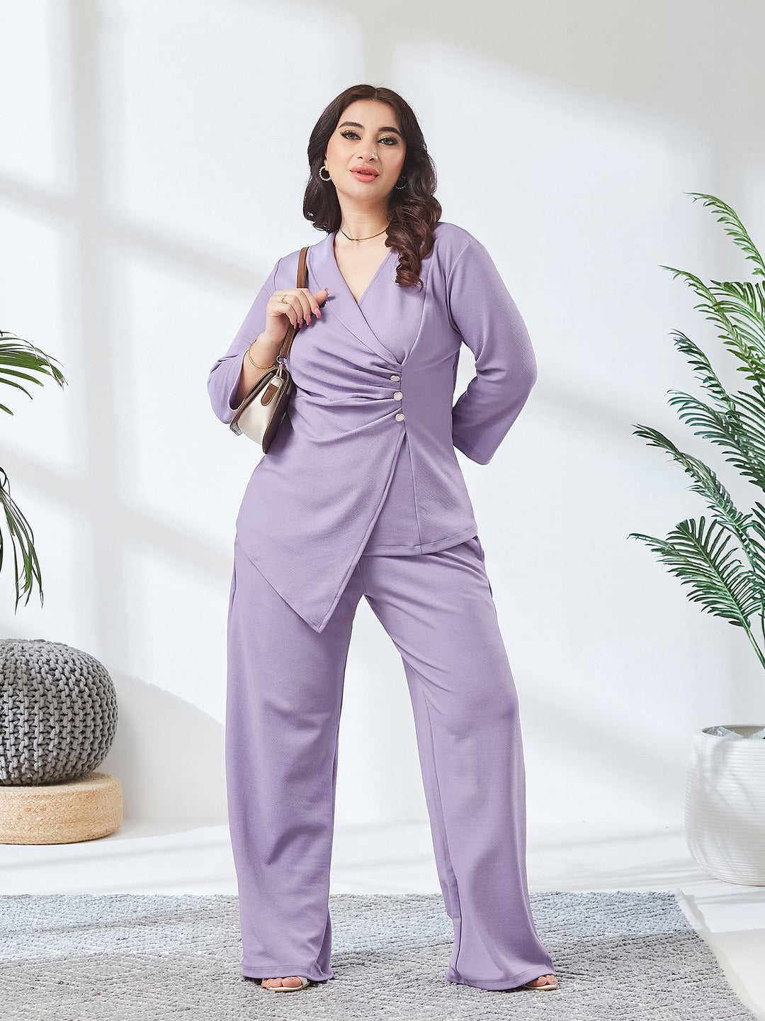 Light Lavender Asymmetric Shawl Collar 3/4 Sleeve Solid Pleated Regular Co Ord Set for Women