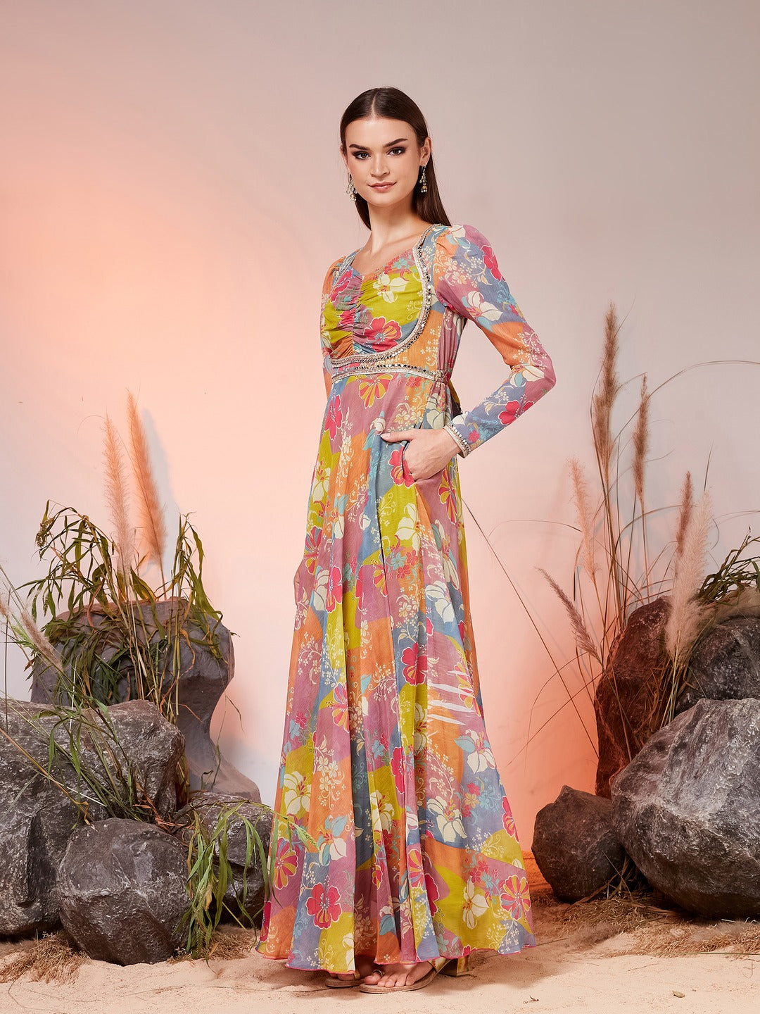 Lilac Sweetheart Neck Bishop Floral Ruched Maxi Chiffon Ethnic Dress for Women