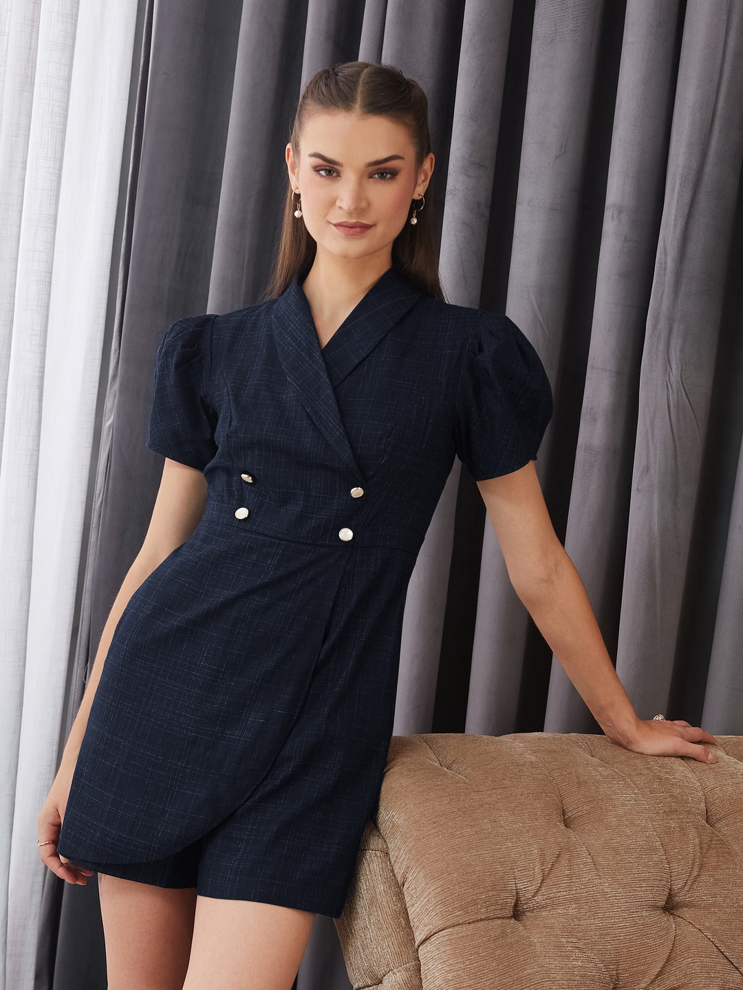 Navy Blue Shawl-Collar Half-Sleeve Self-Designed Overlapped Knee-Long Playsuit for Women