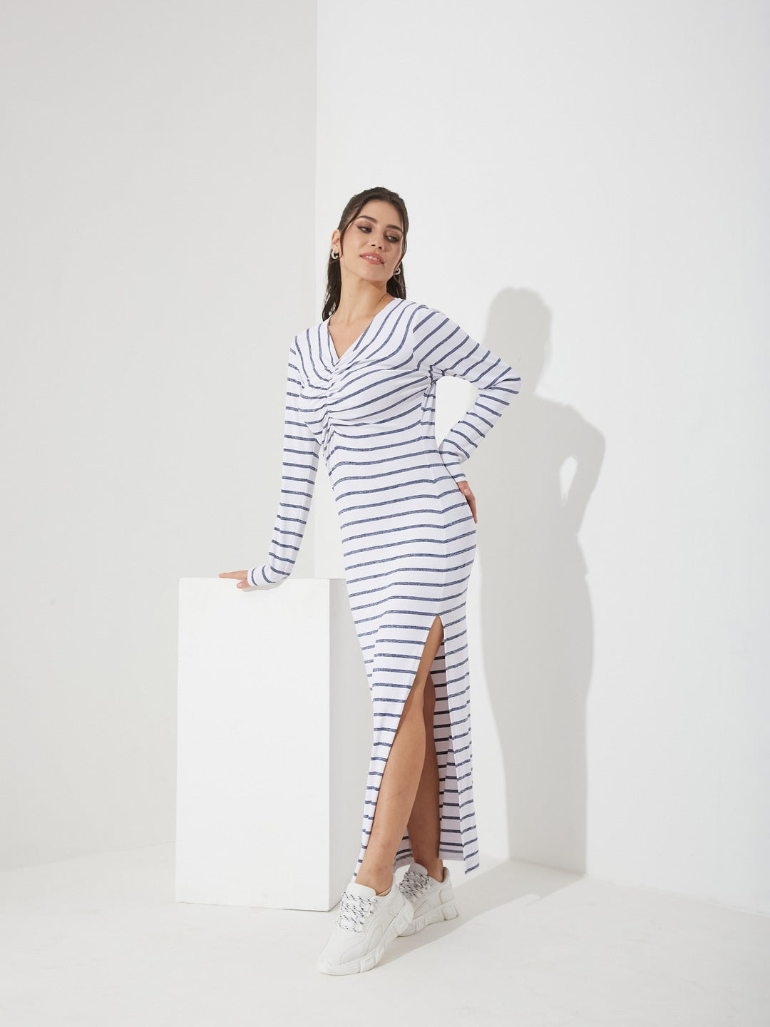 White V-Neck Full Sleeve Striped Ruched Maxi Polyester Dress for Women