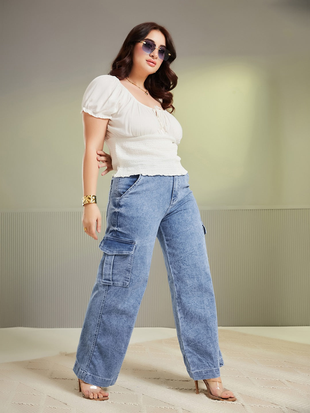 Mid Blue Wide-Leg High-Rise Stretchable Denim Jeans for Women