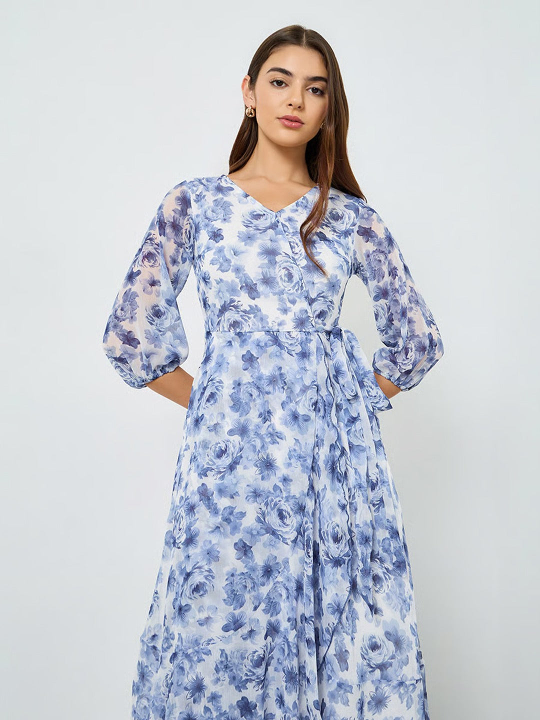 White V-Neck Three-Quarter Sleeve Floral Wrap Chiffon Midi Dress for Women