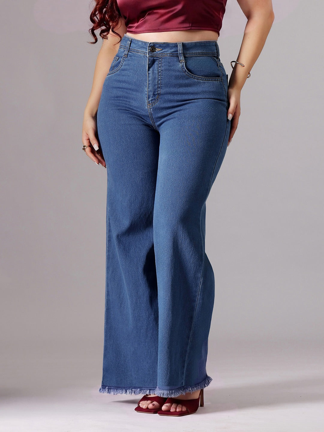 Mid Blue Wide-Leg High-Rise Stretchable Denim Jeans for Women