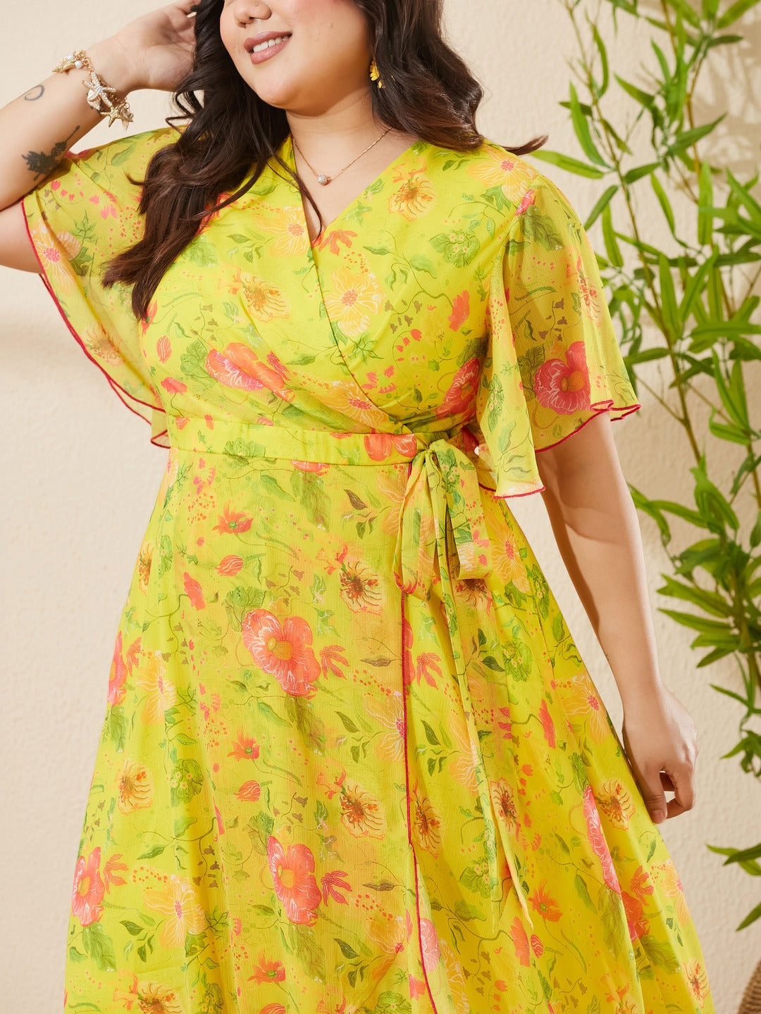 Acid Yellow V-Neck Flared Floral Overlap/Tie-Up Maxi Chiffon Dress for Women