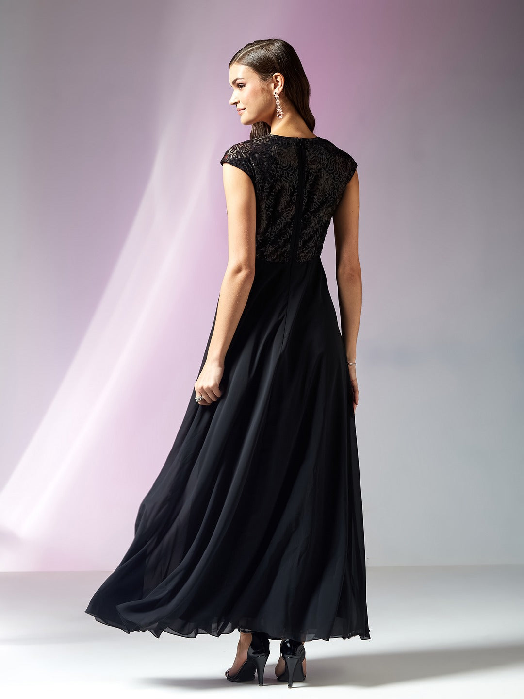 Black Overlapped Extended Shoulder Embellished Georgette Maxi Dress for Women