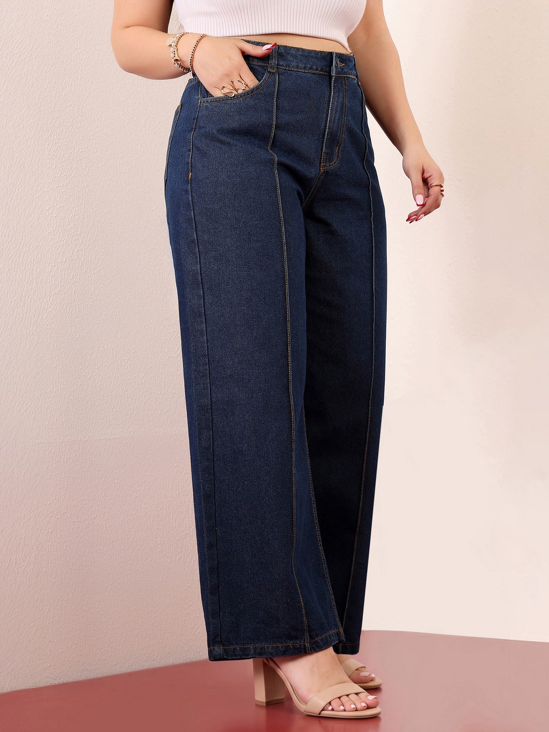 Navy Blue Wide-Leg High-Rise Non-stretchable Denim Jeans for Women