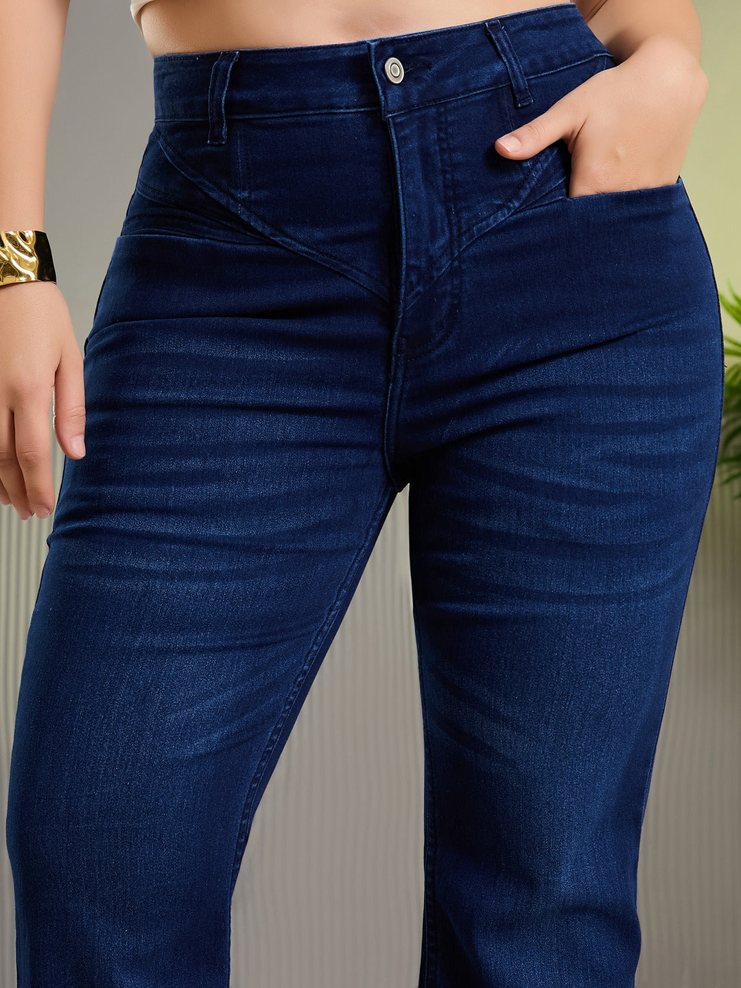 Blue Wide-Leg High-Rise Stretchable Denim Jeans for Women