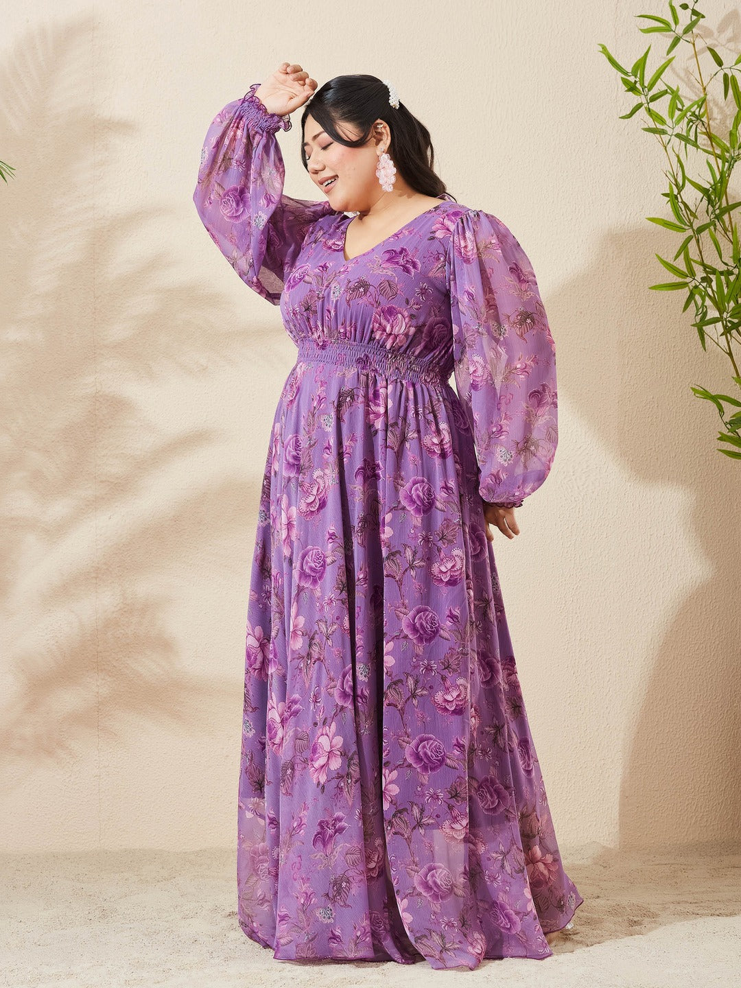 Lavender Floral V-Neck Bishop Sleeve Smocked Chiffon Maxi Dress for Women