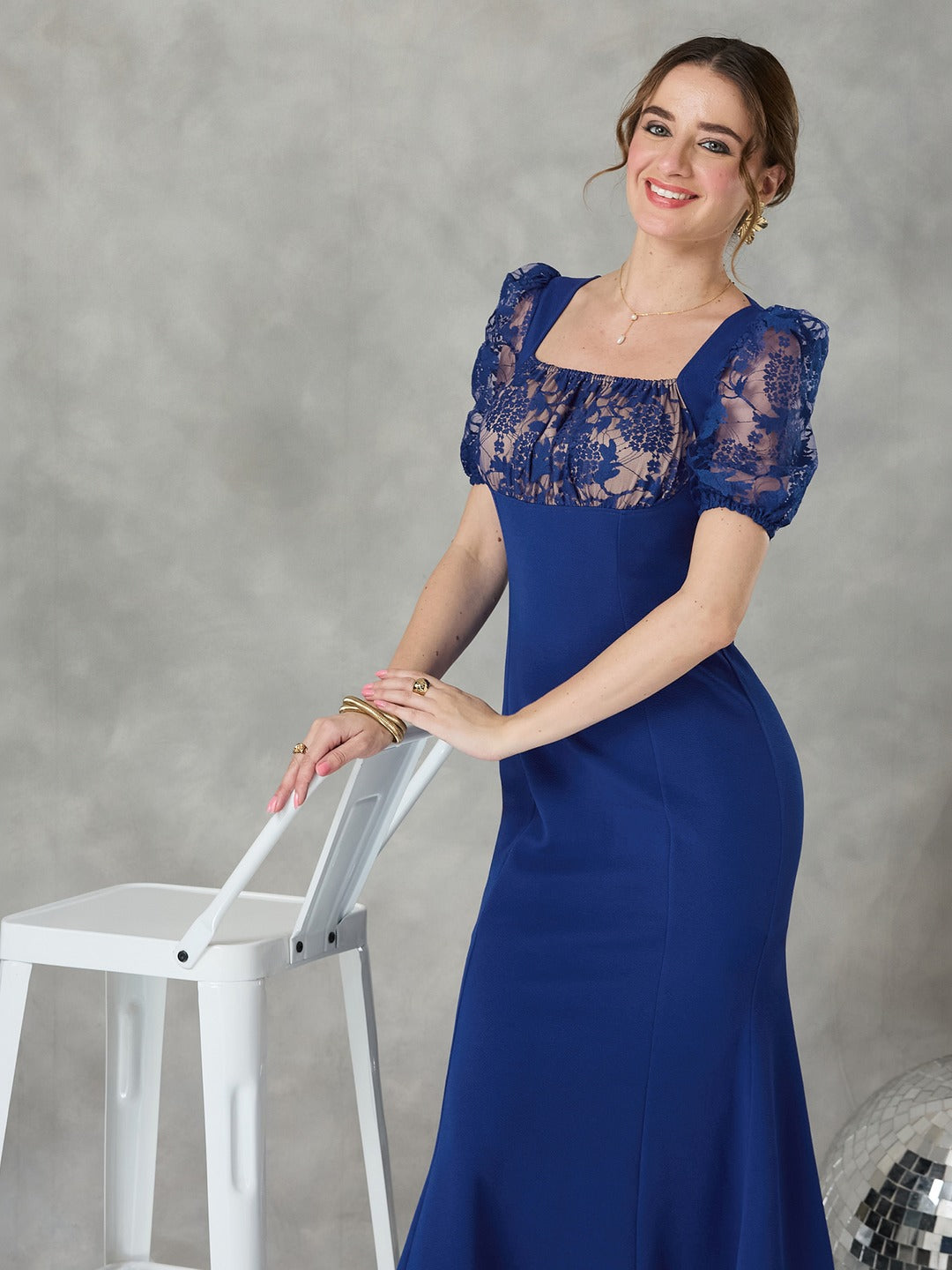 Royal Blue Square Neck Puff Sleeve Self Design Lace Overlaid Ankle Length Dress for Women