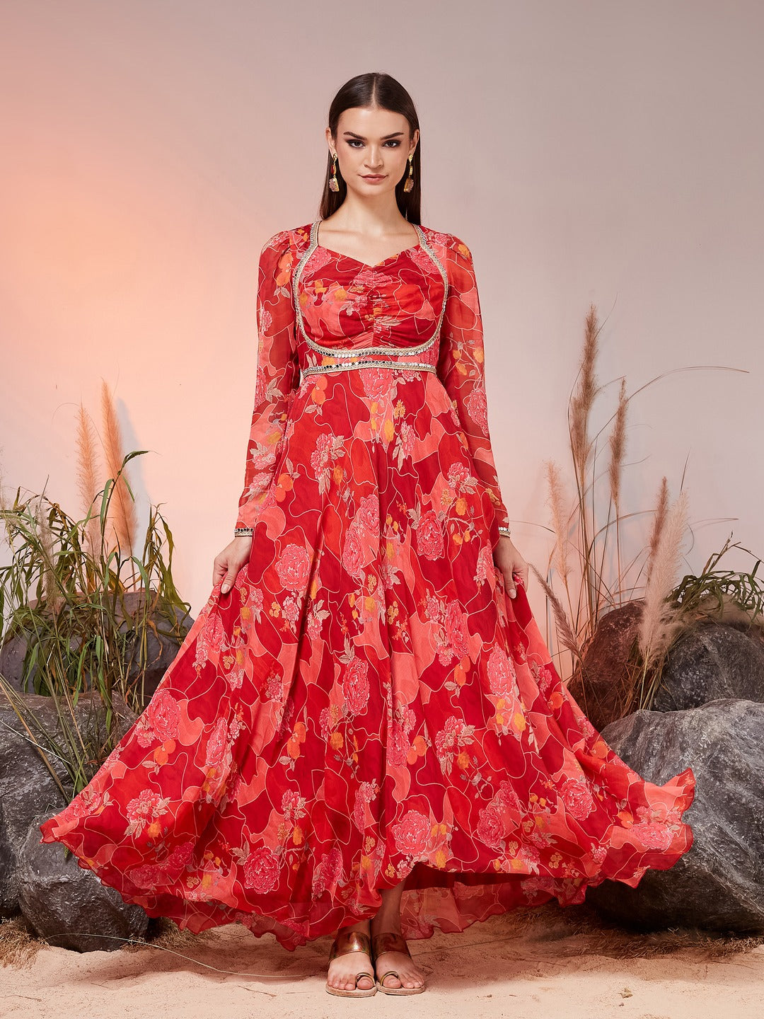 Crimson Red Sweetheart Neck Bishop Floral Ruched Maxi Chiffon Ethnic Dress for Women