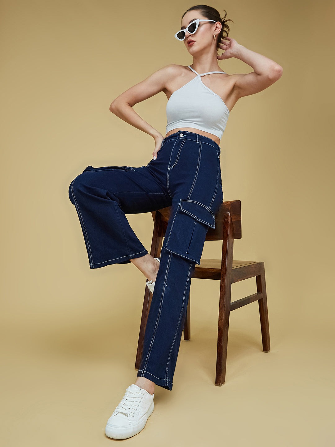 Navy Blue Wide leg High-Rise Stretchable Denim Jeans for Women