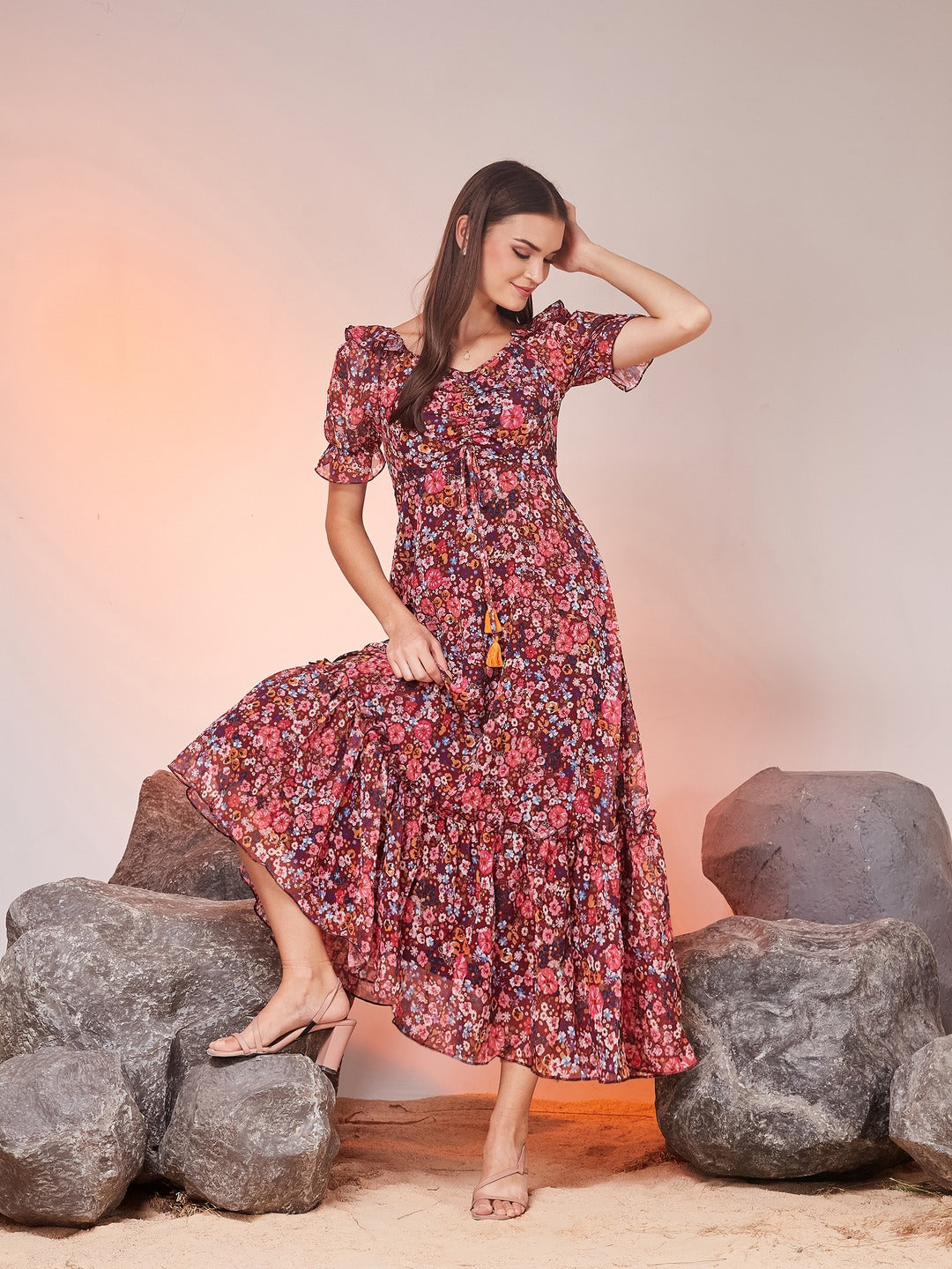 Wine V-Neck Puff Sleeve Floral Ruching Ankle-Length Dress for Women