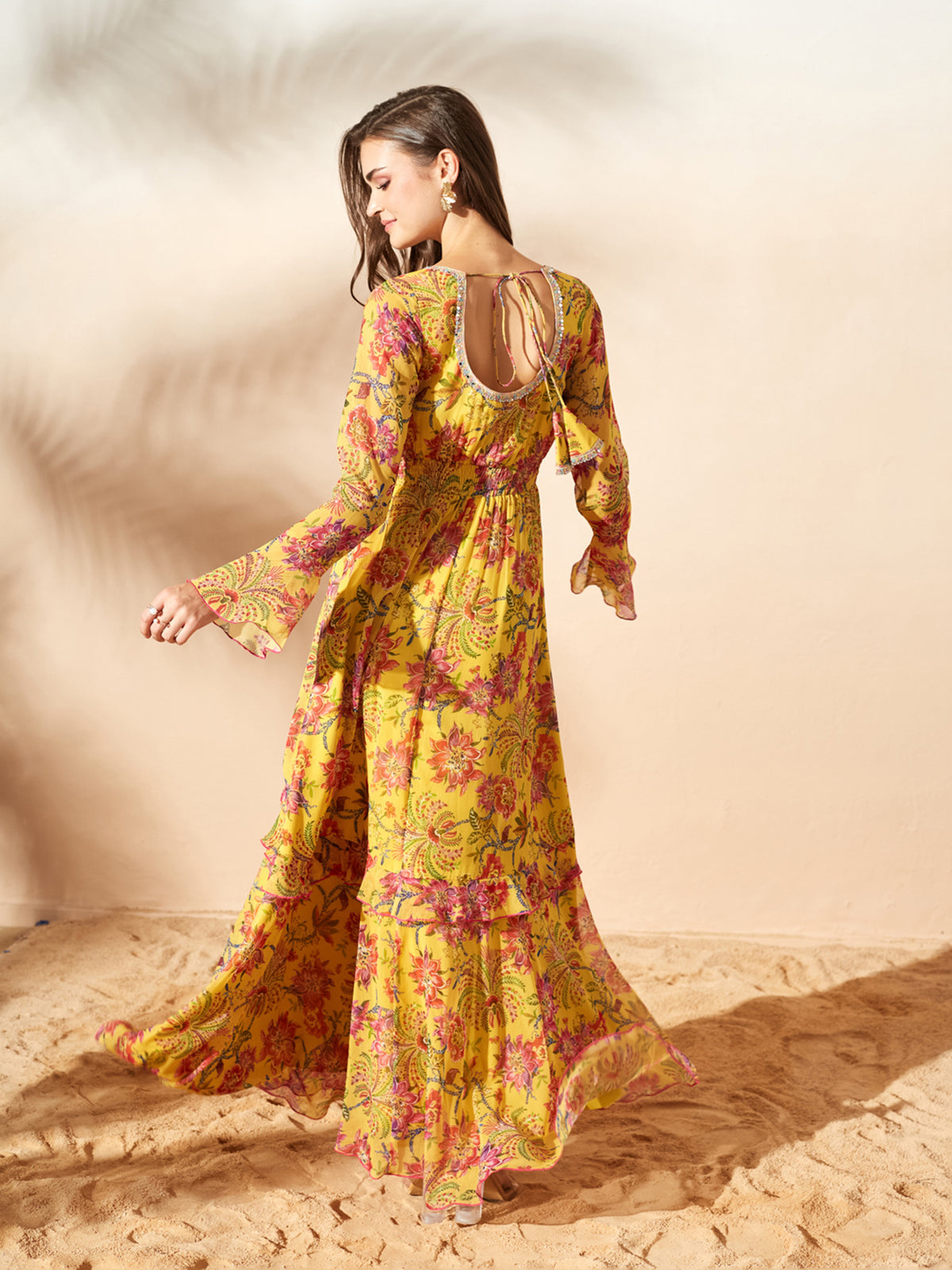 Mustard Sweetheart Flounce Floral Ruffled/ Front Slit Maxi Chiffon Ethnic Dress for Women