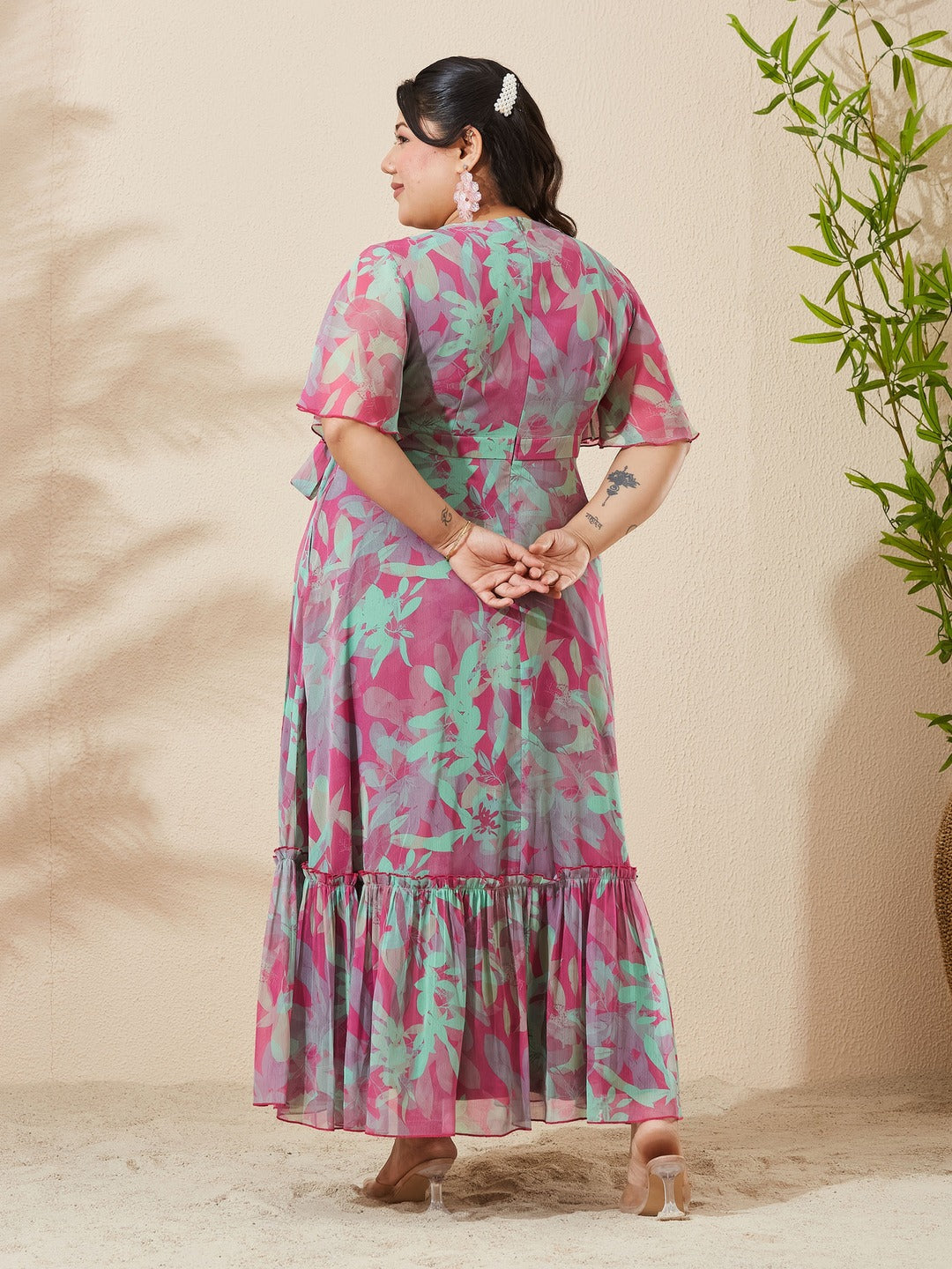 Pink & Mint Floral V-Neck Flutter Sleeve Wrap Chiffon Maxi Dress for Women