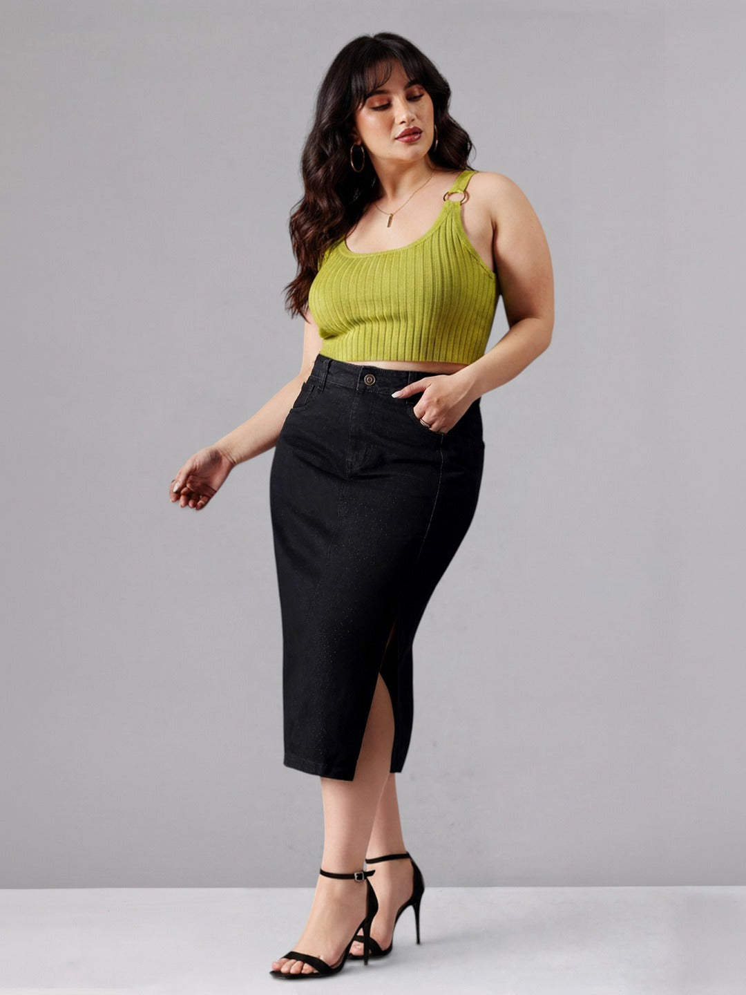 Black Straight-Fit High-Rise Stretchable Denim Midi Skirt for Women